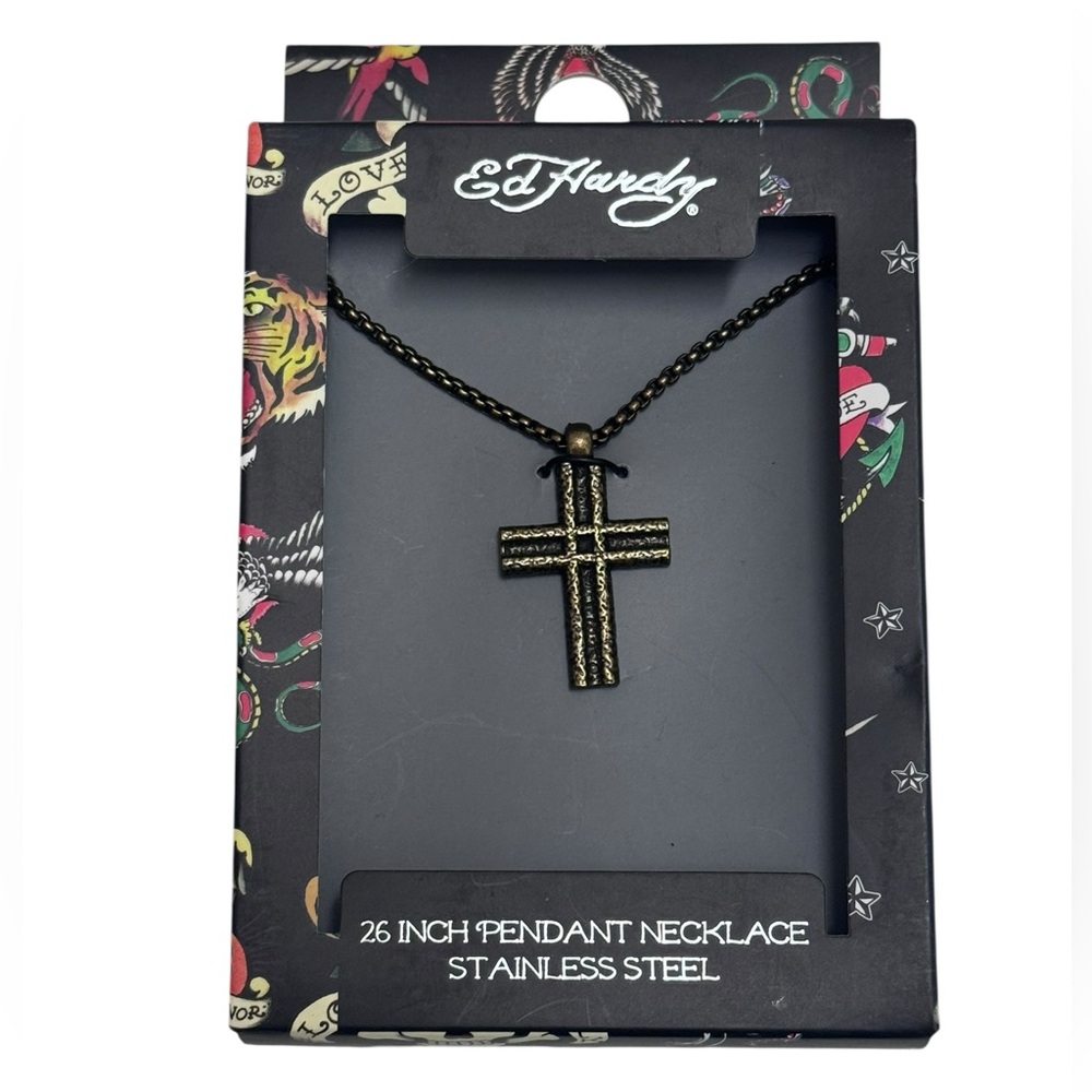 Ed Hardy Black and Gold Cross Necklace